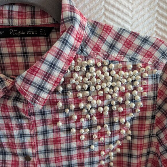 Zara Pearl Embellished Red Gingham Check Snap Front Western Collared Shirt Large - Picture 2 of 8